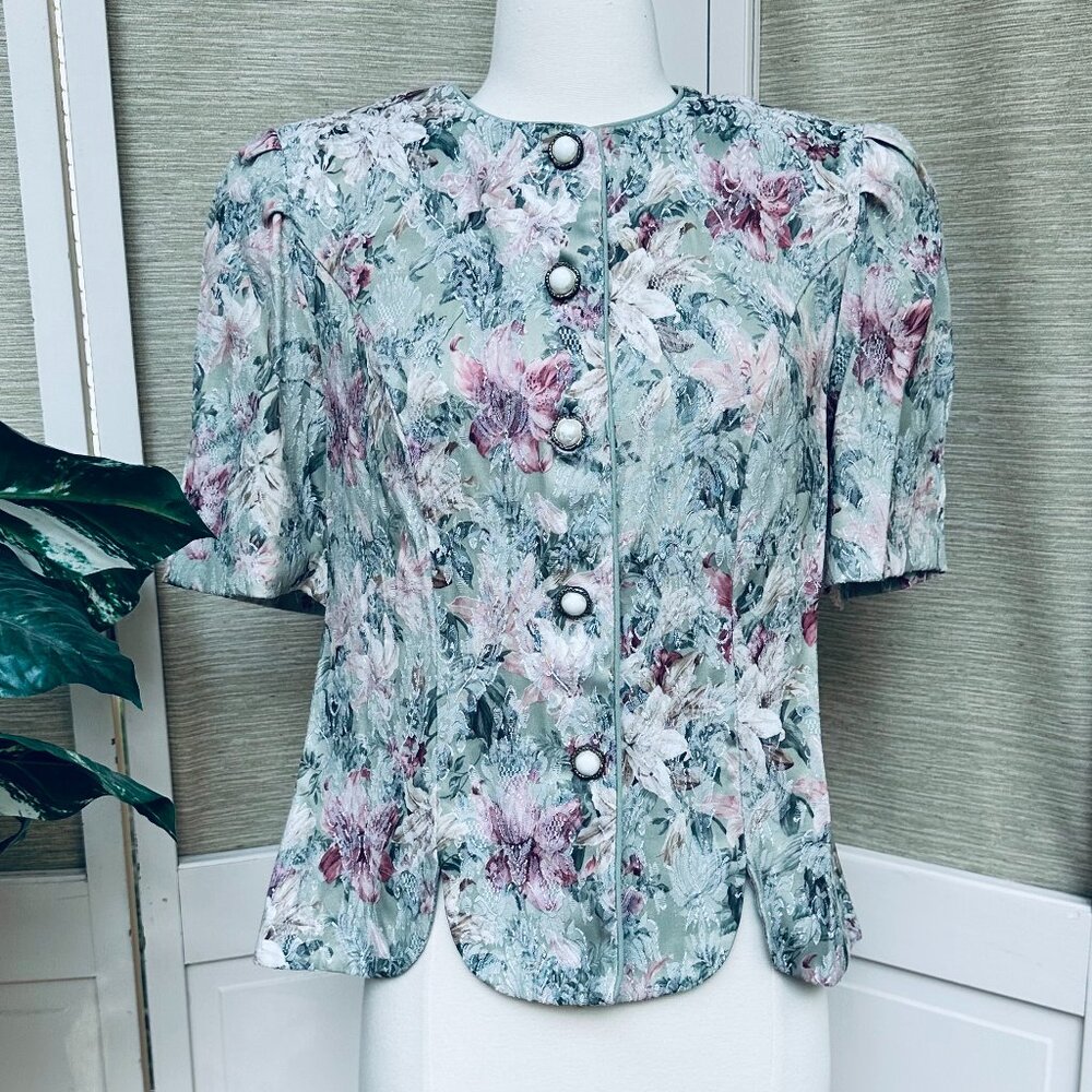 Vintage 80s Floral Tapestry Blazer Jacquard Jacket Pearl Buttons Large Victorian